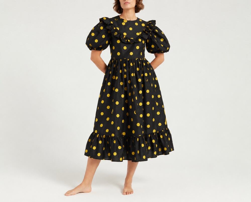 Batsheva 8 Cotton Black and Yellow Polka Dot Ruffle Midi Dress